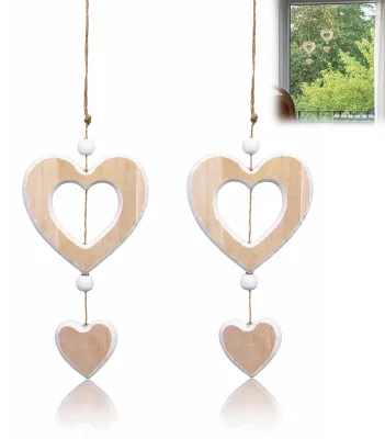 2 Holzherzen, hängende Fensterdekoration, massiv, natur