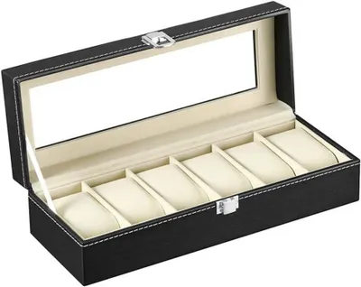 Produktbild von Uhrenbox Herren 6 Uhren mit Glasfenster aus Kunstleder und Samt - Schwarz-W04B
