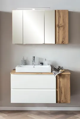 Produktbild von Badmöbel-Set >Paris< (2-tlg.) in weiß / Wotaneiche-Nachbildung - 105x195x47cm (BxHxT)