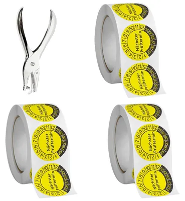 Prüfplaketten 1500 Stück, gelb, selbstklebend, 30 mm, DGUV V3, 2026-2031