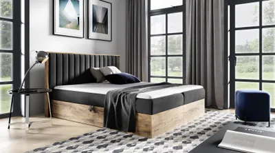 Produktbild von Boxspringbett Schlafzimmerbett MARCOS 180x200cm Stoff Schwarz inkl. Bettkasten