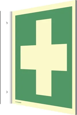 Produktbild von Fahnenschild Erste Hilfe ISO 7010 Kunststoff nachleucht. 160-mcd 148x148 mm.