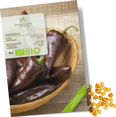 Produktbild von Paprika Samen (Sweet Chocolate, 10 Korn) - Paprika Saatgut aus biologischem Anbau ideal für die Anzucht im Garten, Balkon oder Terrasse