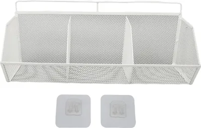 Immagine prodotto di 3 cestini da appendere a parete angolati e aperti in filo metallico per cucina bagno lavanderia bianco bianco