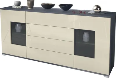 Produktbild von Vladon Sideboard Grömitz V2, Kommode mit 2 großen Türen und 4 Schubladen, Anthrazit matt/Creme Hochglanz (166,5 x 75,5 x 35)