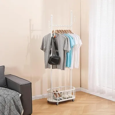 Productafbeelding van Kledingrek op wielen, metalen garderobestandaard, verrijdbaar, mobiel kledingrek met opbergmand, kledingstang voor slaapkamer, woonkamer, wit
