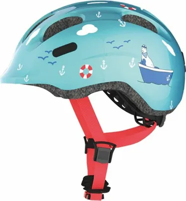 A child's bicycle helmet with a nautical theme.
