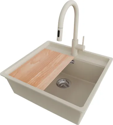 Produktbild von PRIMAGRAN Granitspüle Beige 56x53cm, Spülbecken 1 Becken + Küchenarmatur 40x20cm + Ablauf-Set + Schneidebrett, Küchenspüle ab 60er Unterschrank - Bergen