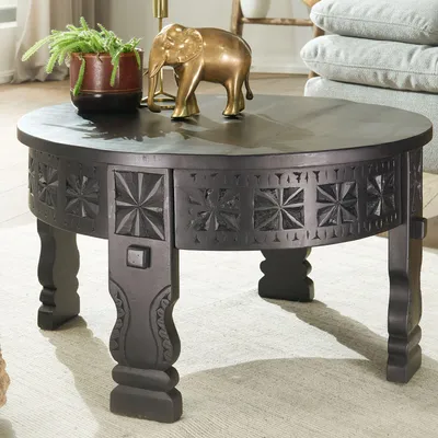 Produktbild von WOHNLING Couchtisch 60x36x60 cm Mango Massivholz Sofatisch Rund Schwarz Wohnzimmertisch Holz Salontisch Massiv Tisch Wohnzimmer Orientalisch