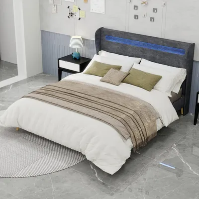 Produktbild von MODFU Modernes Polsterbett 160x200 Flachbett mit farbwechselnder LED-Beleuchtung und Kopfteil,Schlafzimmermöbel Doppelbett mit mehreren Stützen,ohne Matratze,Grau
