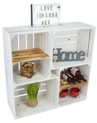 Produktbild von 4er set Obstkisten als Wohnwand / Raumtrenner "Johanna"  2 x mit / 2 x ohne Mittelbrett weiss mit geflammt Quer