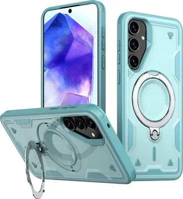 Produktbild von Dual Layer Hülle für Samsung Galaxy A35 Metall Ring Ständer Magnetisch Stoßfest Militär Handyhülle Türkis