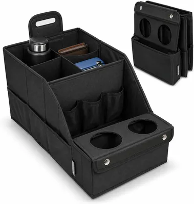 Obrázek produktu pro Organizér do auta na sedadlo, rozměry 42 x 23 x 21 cm, 2 držáky na lahve, skládací, černý, určený do auta