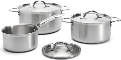 A set of stainless steel pots and pans with lids, arranged on a white background.