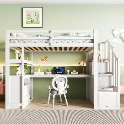 A white loft bed with a desk and storage stairs, set up in a child's room with a light green wall.