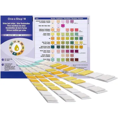 Produktbild von One+Step Urinteststreifen für 10 Indikatoren - Gesundheitstest inkl. Referenzfarbkarte - 15 Stück