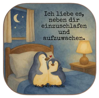 Produktbild von Mr. & Mrs. Panda Tischschoner Pinguine Einschlafen Design - Weiß - Geschenk, Hochzeitstag, Untersetzer für Gläser, Frauen, Valentinstag, Jahrestag, Coaster, Freundin