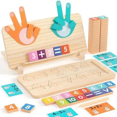 Produktbild von Montessori Lernspielzeug für Kleinkinder von 2-4 Jahren, doppelseitiges Fingerzähl- und Zahlen-Nachspurbrett, Zahlenbausteine, pädagogisches Mathematik-Holzspielzeug für Jungen Mädchen 1 3 5 Jahren