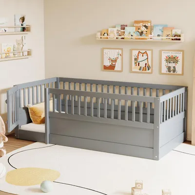 Produktbild von Merax Kinderbett 90x200cm mit Schutzgitter und Tür, Bodenbett aus Massivholz, Holzbettgestell für Kinder, Grau