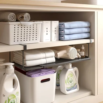 Image de Organisateur métallique, extensible, pour rangement sous les étagères, idéal pour la cuisine