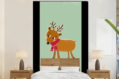Produktbild von MuchoWow® Fototapete für Wohnzimmer oder Schlafzimmer Wandtapete Vinyl Motivtapete Rentier - Weihnachten - Winter - Grün - 160x240 cm - Vinyltapete