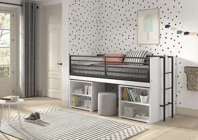 Zdjęcie produktu dla VIPACK - SAM Łóżko półwysokie z wysuwanym biurkiem, 2 półki, powierzchnia do leżenia 90 x 200 cm, wykończenie z białej melaminy
