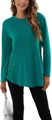 Produktbild von ASKSA Damen Langarmshirt Rundhals Knöpfe Langarm Einfarbig Lose Tunika Langarmbluse Lässig Oberteile, Grün, M