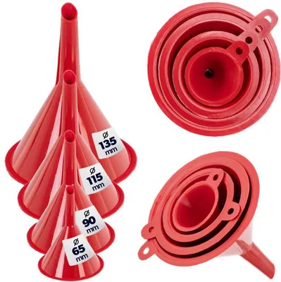 Produktbild von KADAX Trichter Set, 4-teilig, Einfülltrichter aus Kunststoff, Küchentrichter in 4 Größen (65, 90, 115, 135 mm), Kunststofftrichter für Küche & Werkstatt (Rot)