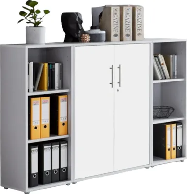 Produktbild von Aktenschrank TABOR 2 in lichtgrau / weiß matt, Schrankwand, Büroschrank, abschließbar, Metallgriffe