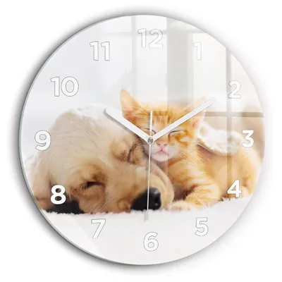 Produktbild von Wallfluent Große Wanduhr – Stilles Quarzuhrwerk - Uhr Dekoration Wohnzimmer Schlafzimmer Küche - Zifferblatt - weiße Zeiger - 60 cm - Schlafende Katze und Hund