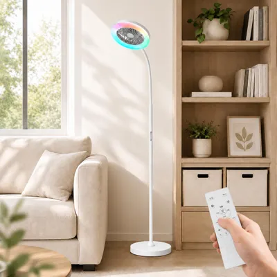 Produktbild von 2-in-1 Stehventilator mit LED-Lampe, 3 Windstufen, RGB/CCT Farben dimmbar, 1200lm, Fernbedienung/Touch, Schwanenhals Stehlampe mit Ventilator(183cm), für Wohnzimmer/Büro