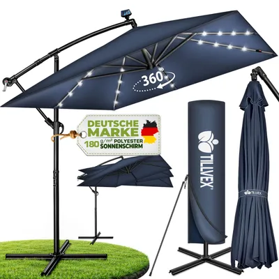 Produktbild von tillvex® Alu Sonnenschirm Rechteckig Ø 330 cm mit LED Solar Navy-Blau + Abdeckung mit Kurbel | Ampelschirm mit Ständer | Gartenschirm UV-Schutz, wasserdicht, 360° drehbar | Kurbelschirm Marktschirm, KI-generiertes Bild