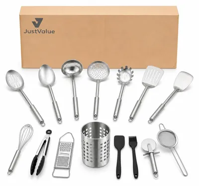 Productafbeelding van JustValue Keukengerei Set - 15-delig - RVS - Met Houder - Zilver