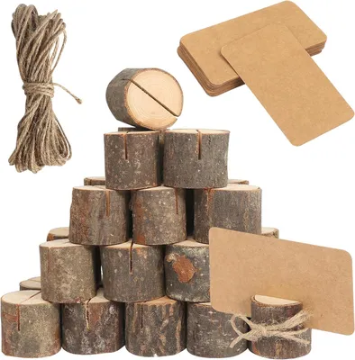 Productafbeelding van Houten tafelkaarthouders - Set van 30 - Kaartenstandaard met 30 kaarten van kraftpapier en 10 m jute touw - Fotohouder voor bruiloften