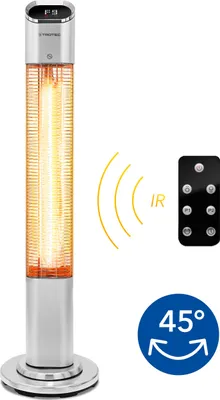 Produktbild von Trotec Terrassen-Heizstrahler IRS 2050 E, Satiniertes Aluminium, Säulendesign, LED-Touchdisplay, IR-Fernbedienung, 24-Stunden-Timer, 45°-Oszillation, Carbon-Infrarotröhre, Kippschutz, für Terrasse und Gastronomie, keine Staubaufwirbelung, für Allergiker geeignet, bis zu 5.500 Leuchtstunden