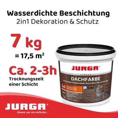 Produktbild von Jurga Dachfarbe Braun 7 kg, Sockelfarbe WASSERDICHT, Fassadenfarbe für Außen, Dachbeschichtung für Blechdach, Bitumen, Dachpappe, Schindeln Putz