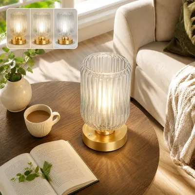 Produktbild von Tischlampe Kabellos mit Akku, LED Touch Lampe Dimmbar, USB-C Wiederaufladbar, 3 Farbtemperaturen, Glasschirm Tischleuchte für Restaurant, Café, Hotel, Schlafzimmer, Gold - Weiß