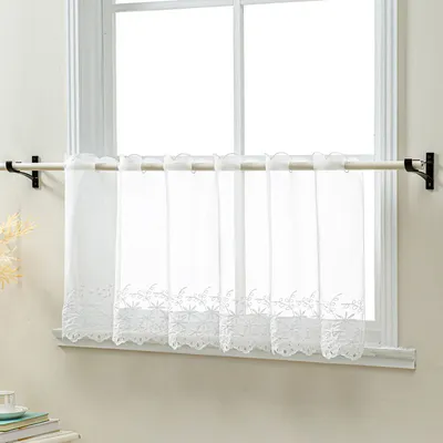 Produktbild von Scheibengardine Stickerei Voile Bistrogardinen mit Lochleiste Kurzgardine, Weiß BxH 90 x 30 cm