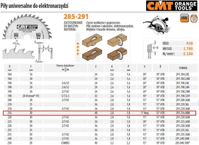 Zdjęcie produktu dla Piła Uniwersalna, Do Cięcia Wzdłużnego I Poprzecznego Hm 216X30X2,8/1,8 Z=48