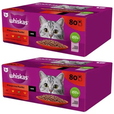 Zdjęcie produktu dla WHISKAS Adult Saszetki 160 x 85g Klasyczne Posiłki - Mokra Karma Dla Dorosłego Kota w Sosie (kawałki z: wołowiną, kurczakiem, jagnięciną, drobiem)