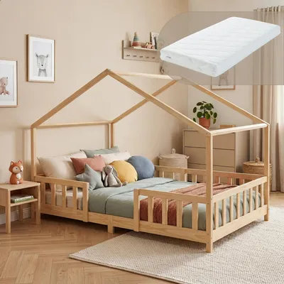 Immagine prodotto di Letto per bambini 'Treviolo' con materasso e protezione anticaduta 120x200cm in legno naturale
