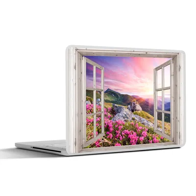 Produktbild von MuchoWow® Laptop Aufkleber Sticker Cover Berge - Landschaft - Aussicht - Blumen - Abend - Rosa 32.5x23.5 cm - Sticker für Laptop - Selbstklebend