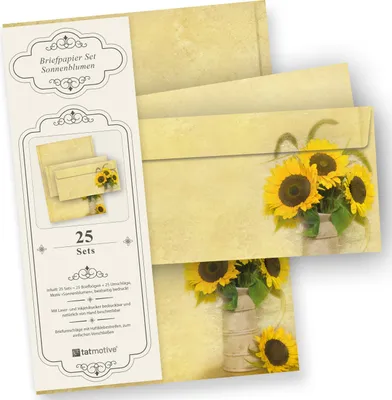 Produktbild von Schönes Briefpapier Set Sonnenblumen, 25 Sets, Hochwertiges Motivpapier mit Umschläge