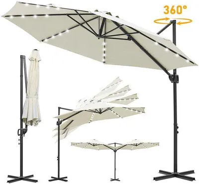 Immagine prodotto di Ombrellone beige da 300 cm con rotazione a 360° - Illuminazione solare a LED - Impermeabile - Protezione UV50+