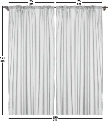 Two white curtains hanging on a curtain rod, with dimensions indicated.
