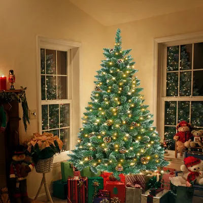 Produktbild von FIVMEN 180 cm Weihnachtsbaum Künstlich mit mit Warm Beleuchtung 250 LED PVC Tannenbaum Künstlicher Weihnachten Deko mit Schnee und Kiefernzapfen