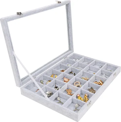 Produktbild von BELLE VOUS Schmuck Organizer Box - Schmuckkiste mit Deckel und 24 Samt Fächer - Schmuckkasten Damen für Ohrring Ring Aufbewahrung -