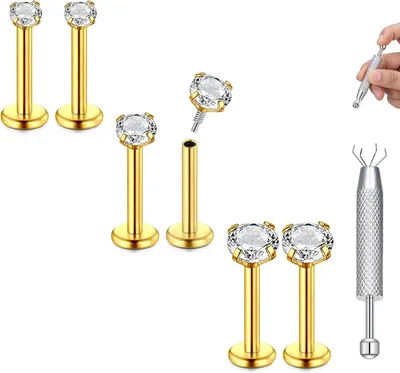 Obrázok produktu pre Labret piercing z nehrdzavejúcej ocele, 18G, 6 mm, 8 mm, s plochou zadnou stranou, vhodné aj na piercing uší