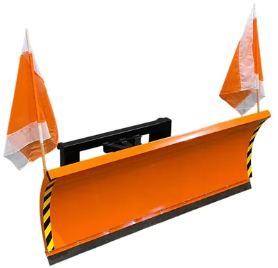 A snow plow with two orange and white flags attached to the sides.