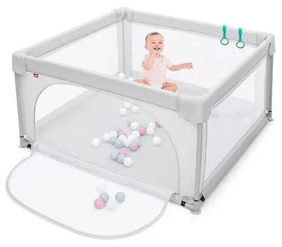 Imagen del producto de Corralito para bebés de 120 x 120 cm con 50 pelotas, equipado con una malla transpirable y cremallera, y una puerta. Ideal para bebés y niños pequeños (color gris)